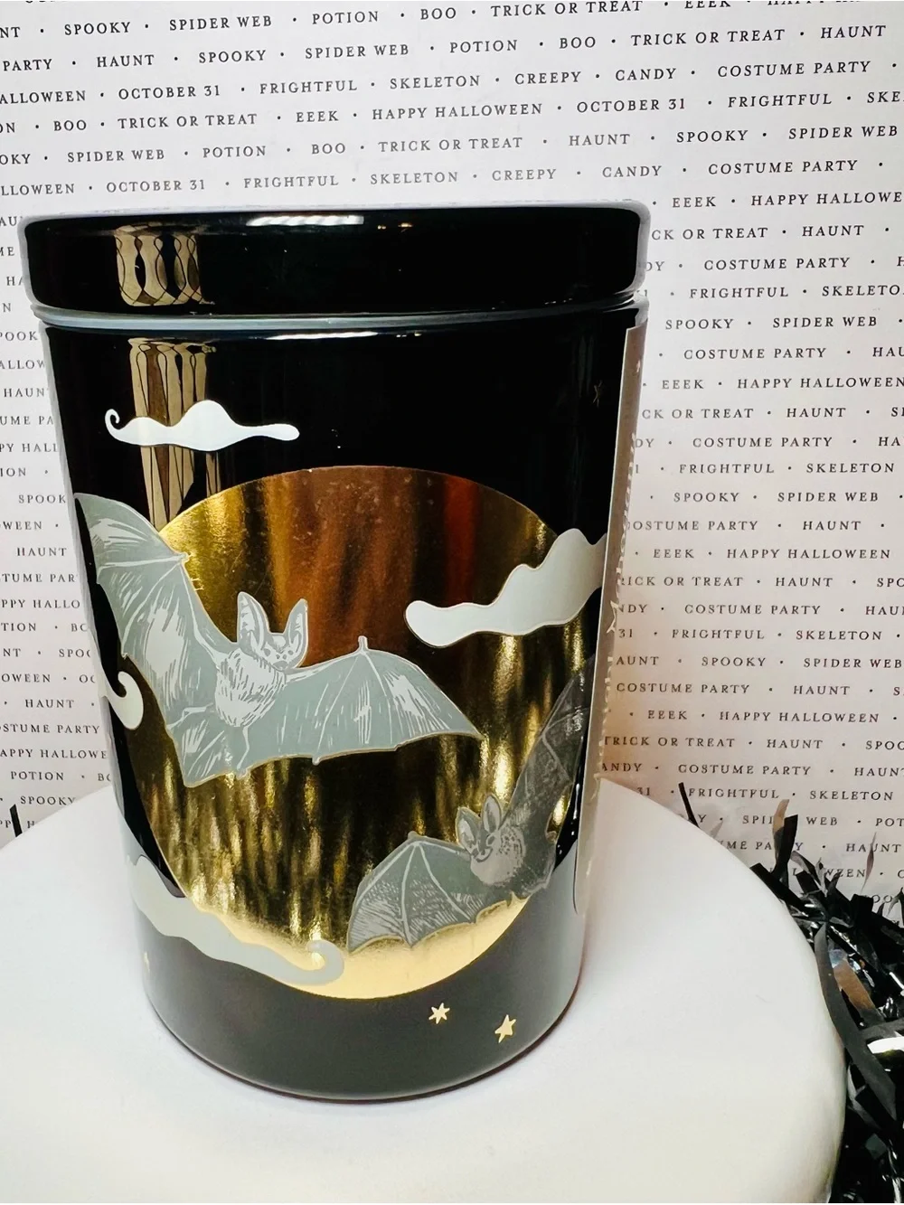 Halloween Glass Bats & Moonlight 1 Wick Candle Black and Gold Midnight Mahogany